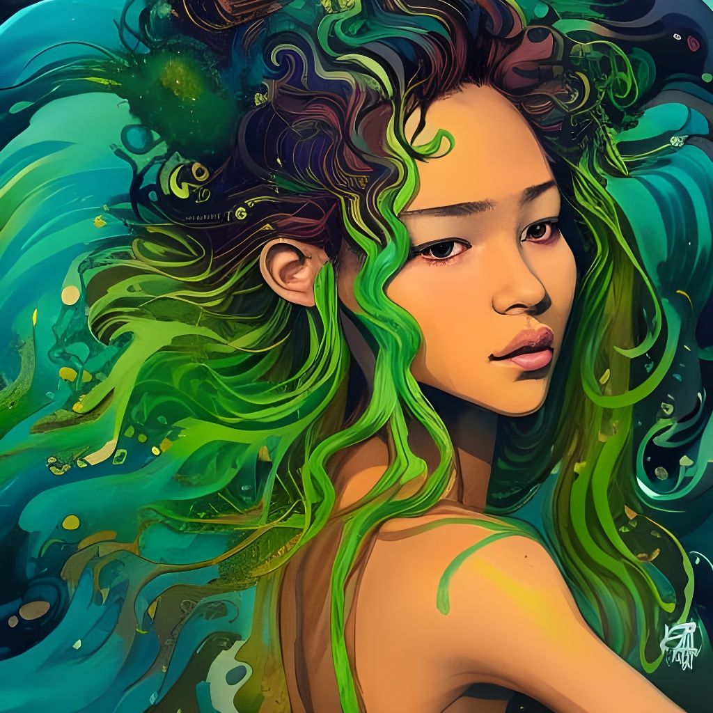 Amanayé Girl with Green Hair, Gouache Painting