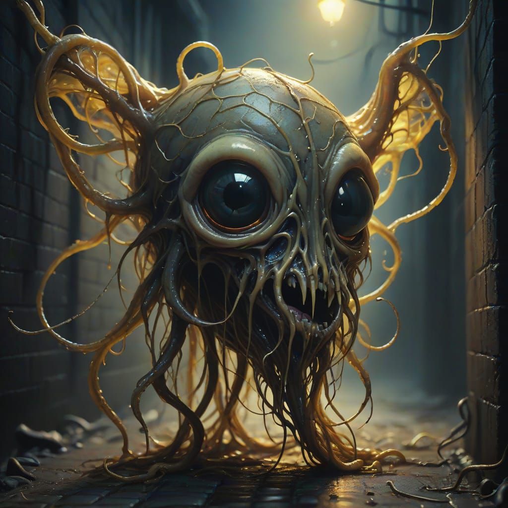 Eerie Parasite in Dark Alley: Surreal Oil Painting