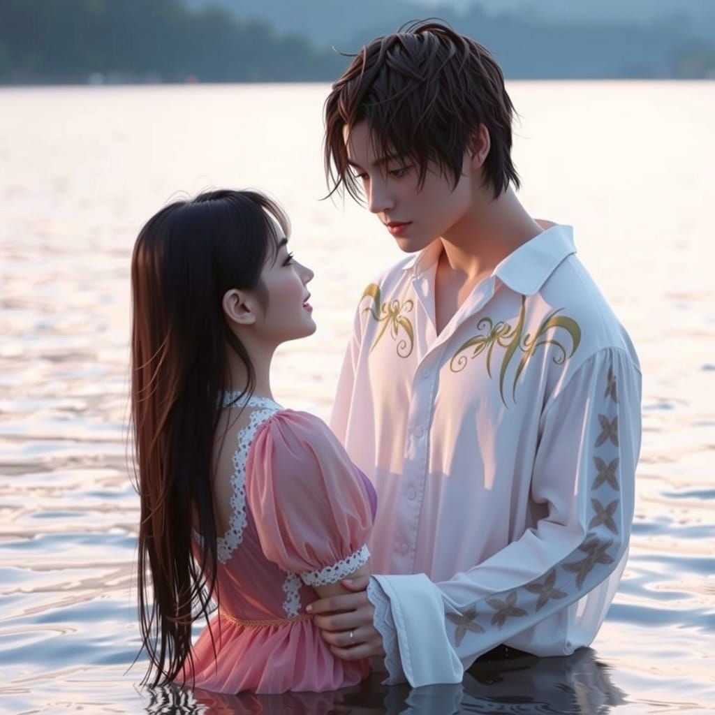 Romantic Anime Couple in Serene Lake Scene