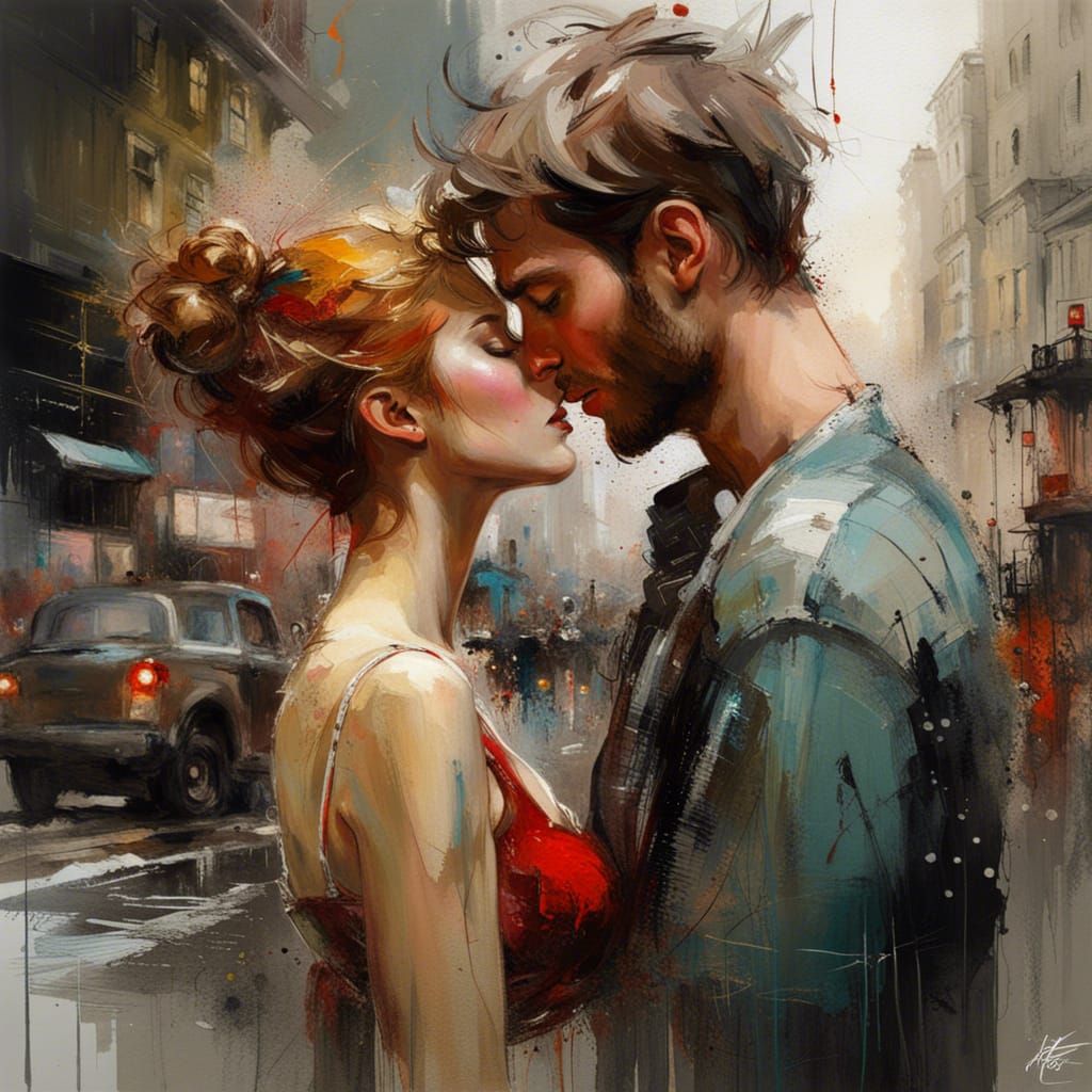 Emotional Teenage Kiss: Oil Painting Style