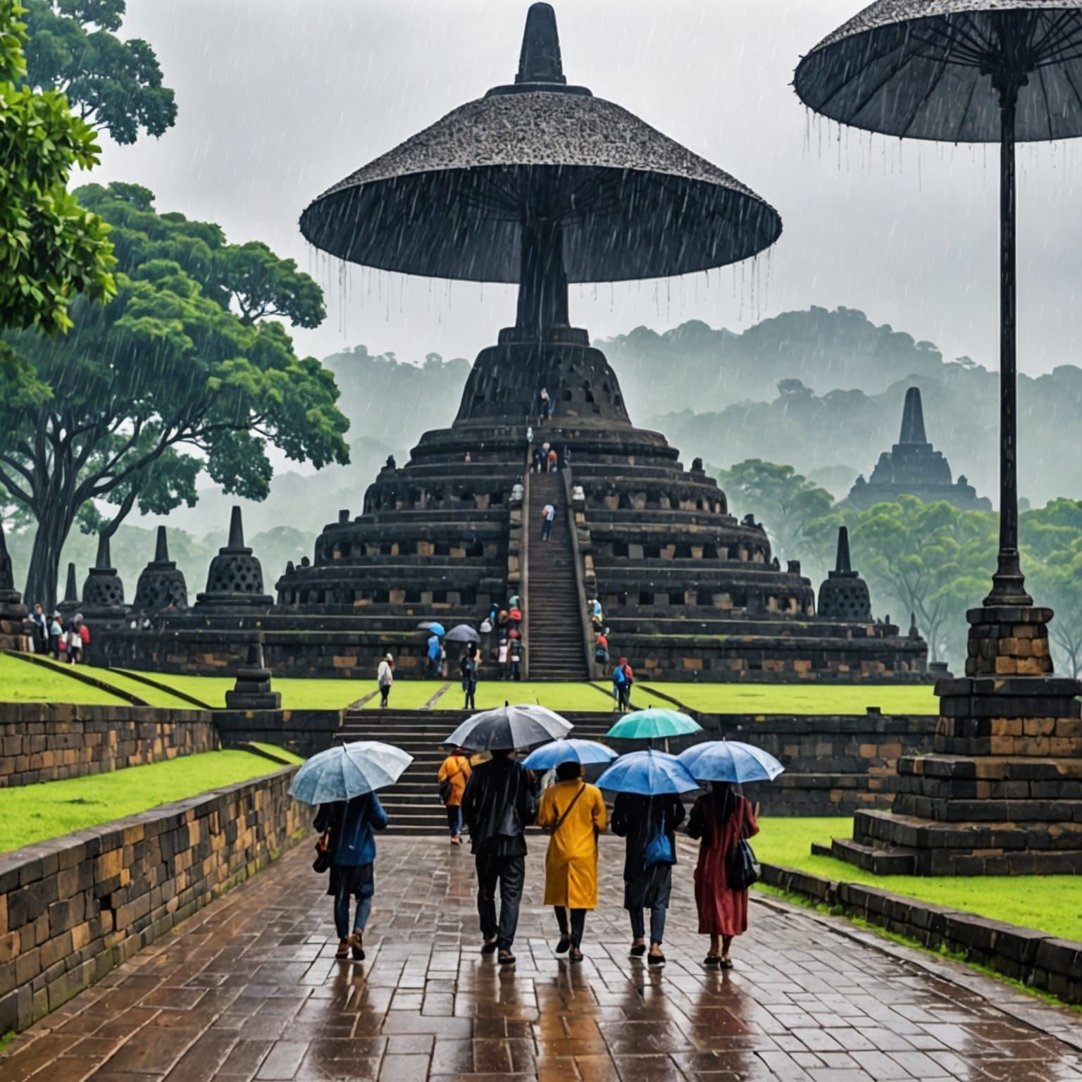 Borobudur Temple: Pointillist Monsoon Scene