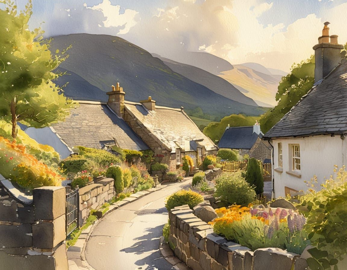 Scottish Highlands Village in Spring: Impressionist Watercol...