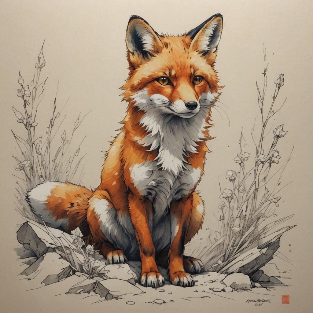 Cute Fluffy Fox in Manga Sketch Style