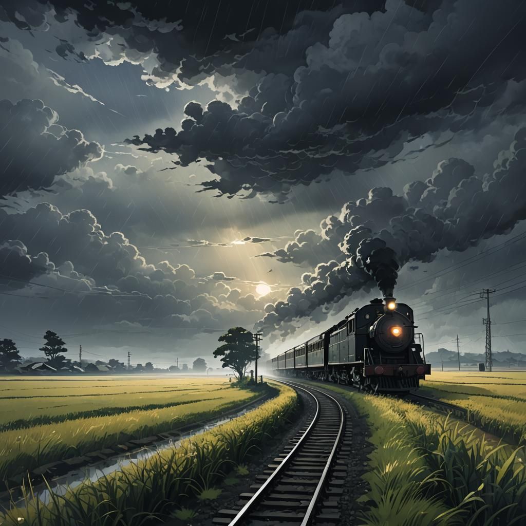 Ethereal Train Chugs Through Foggy Fields at Night