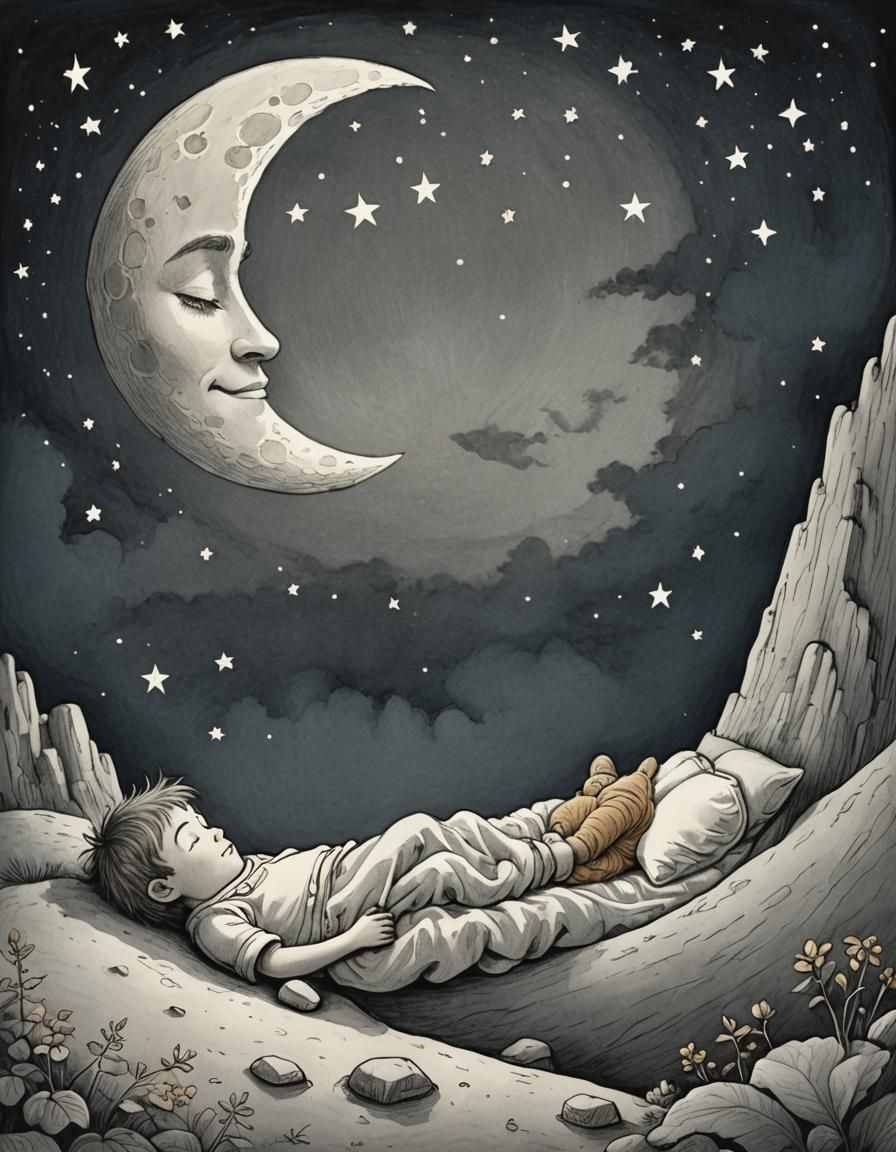 Dreamy Cartoon Moon Scene in Children's Book Style