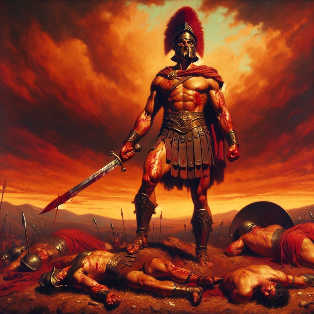 Ancient Gladiator in Triumphant Pose, Oil Painting Style