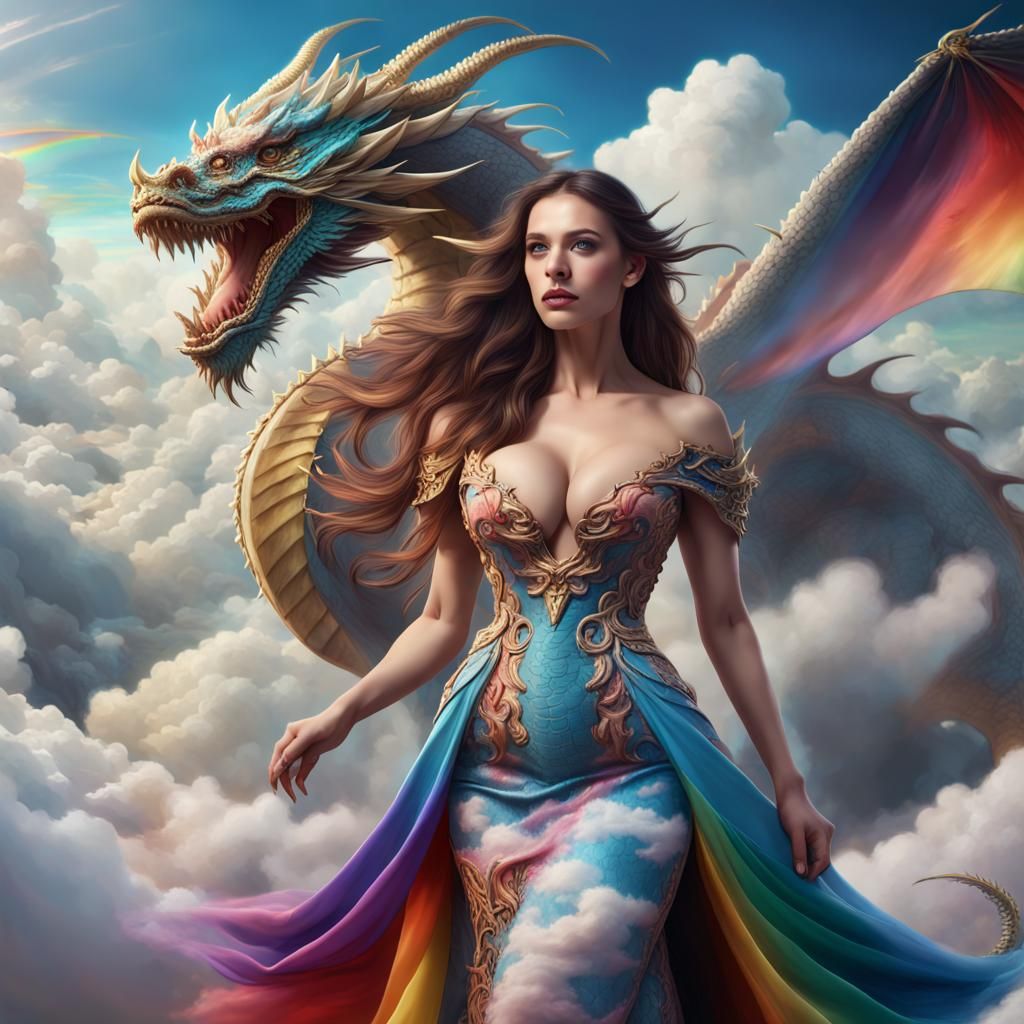 Woman and Dragon in Rainbow Clouds: Fantasy Art