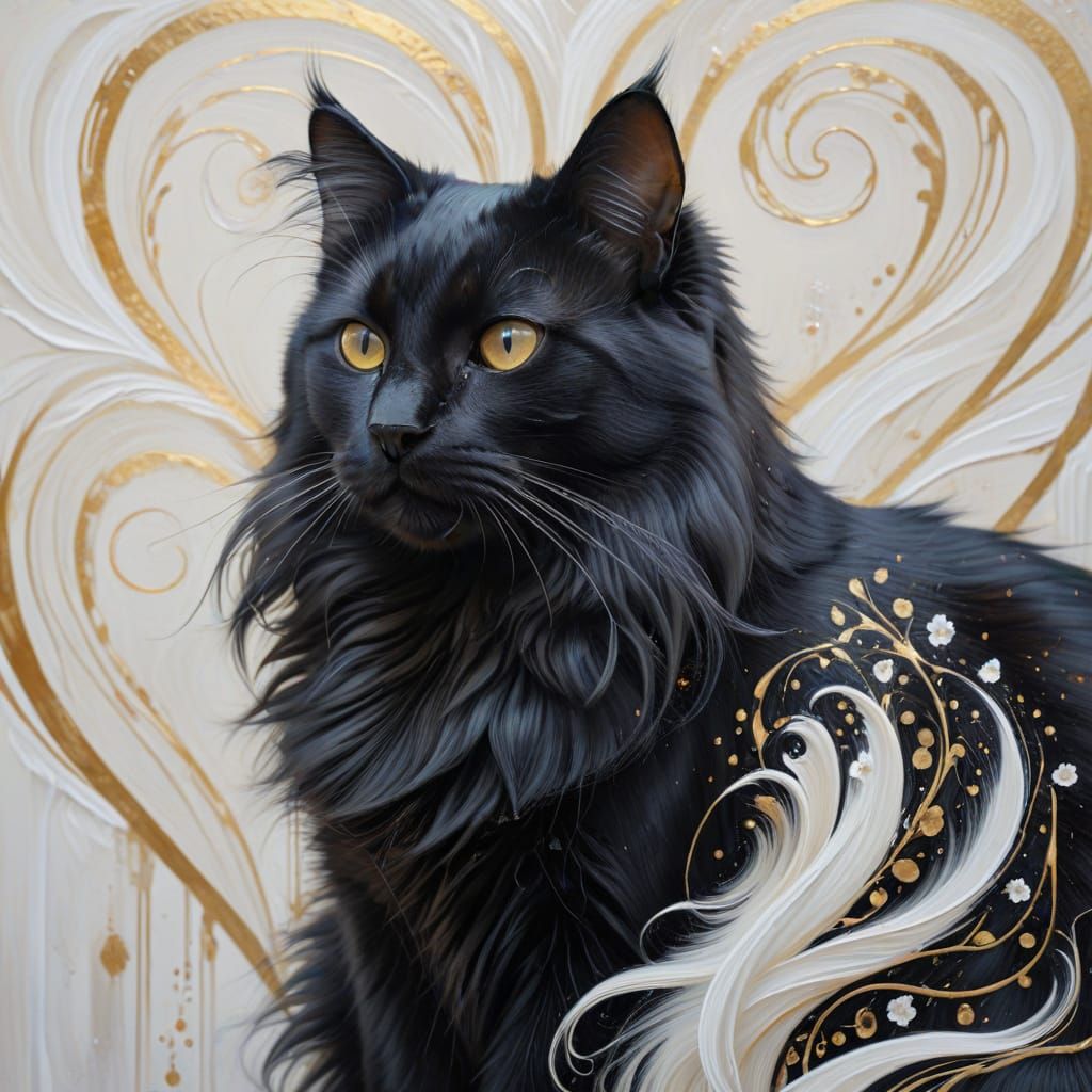 Elegant Black Cat Oil Painting with Golden Lines