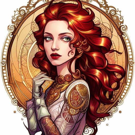 Steampunk Aphrodite Digital Painting with Golden Outlines