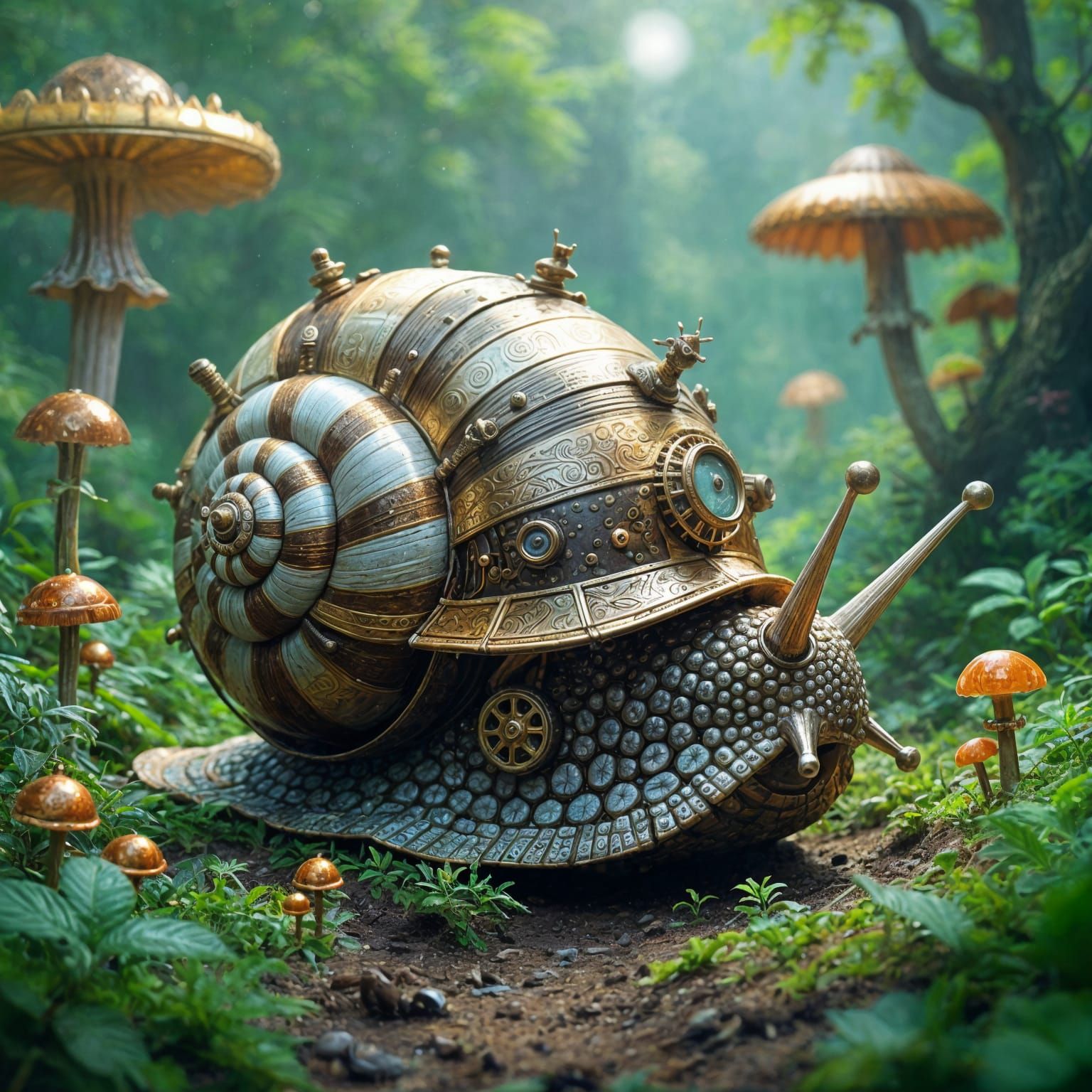 Steampunk Snail Automaton in Bioluminescent Garden