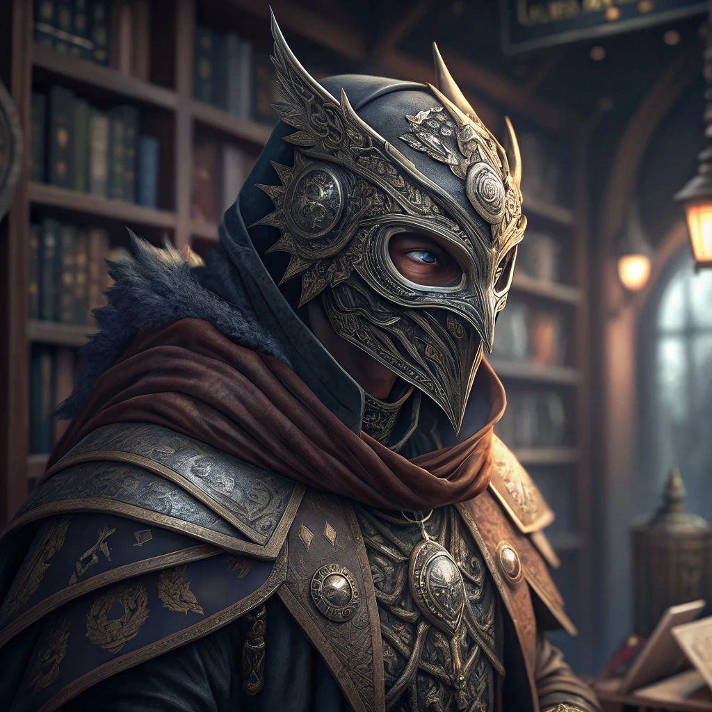 Masked Warlock in Ornate Armor with Glowing Eyes