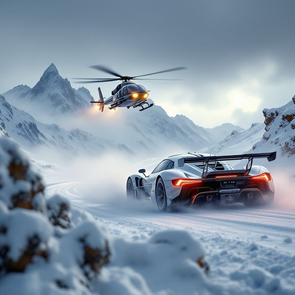 Helicopter Pursues Car Across Snowy Mountains