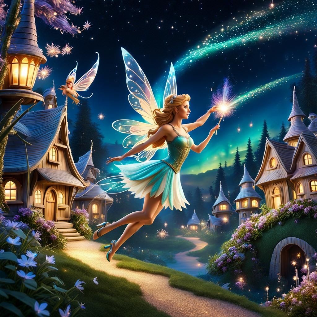 Graceful Fairy Soaring Above Sparkling Village