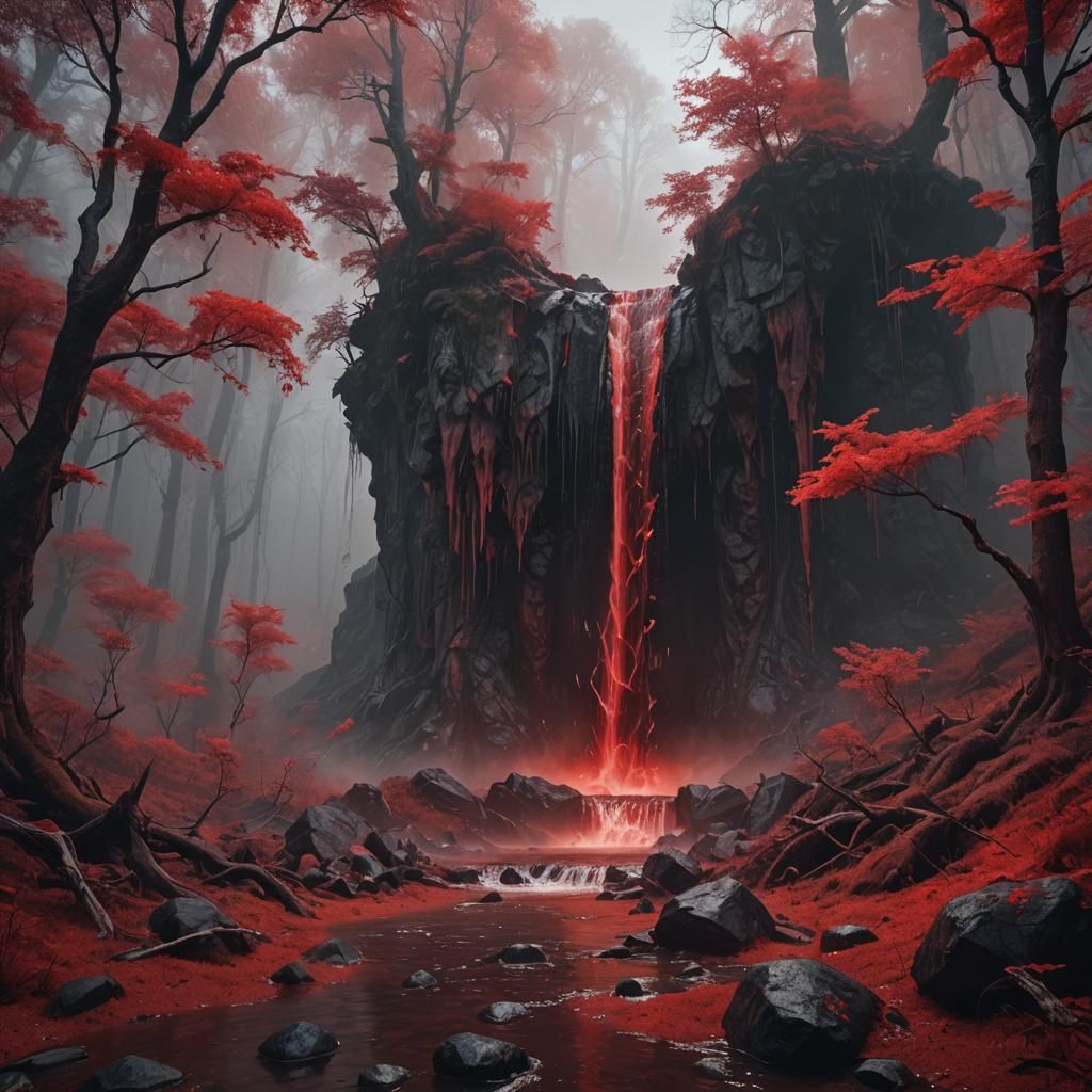 Bloody Waterfall in a Red Foggy Forest