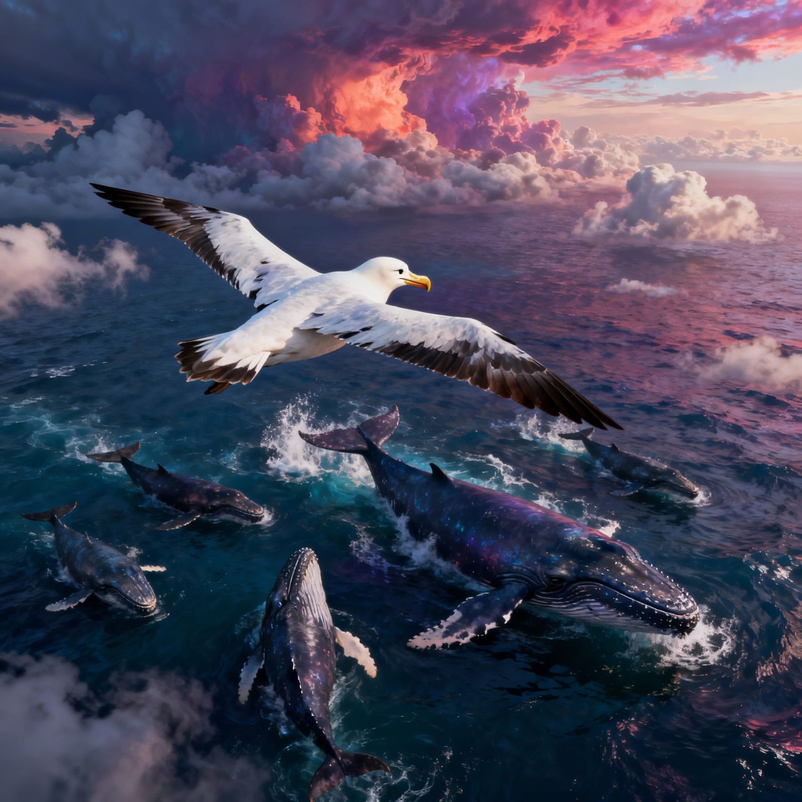 Albatross Over Whales in Dramatic Ocean Sky