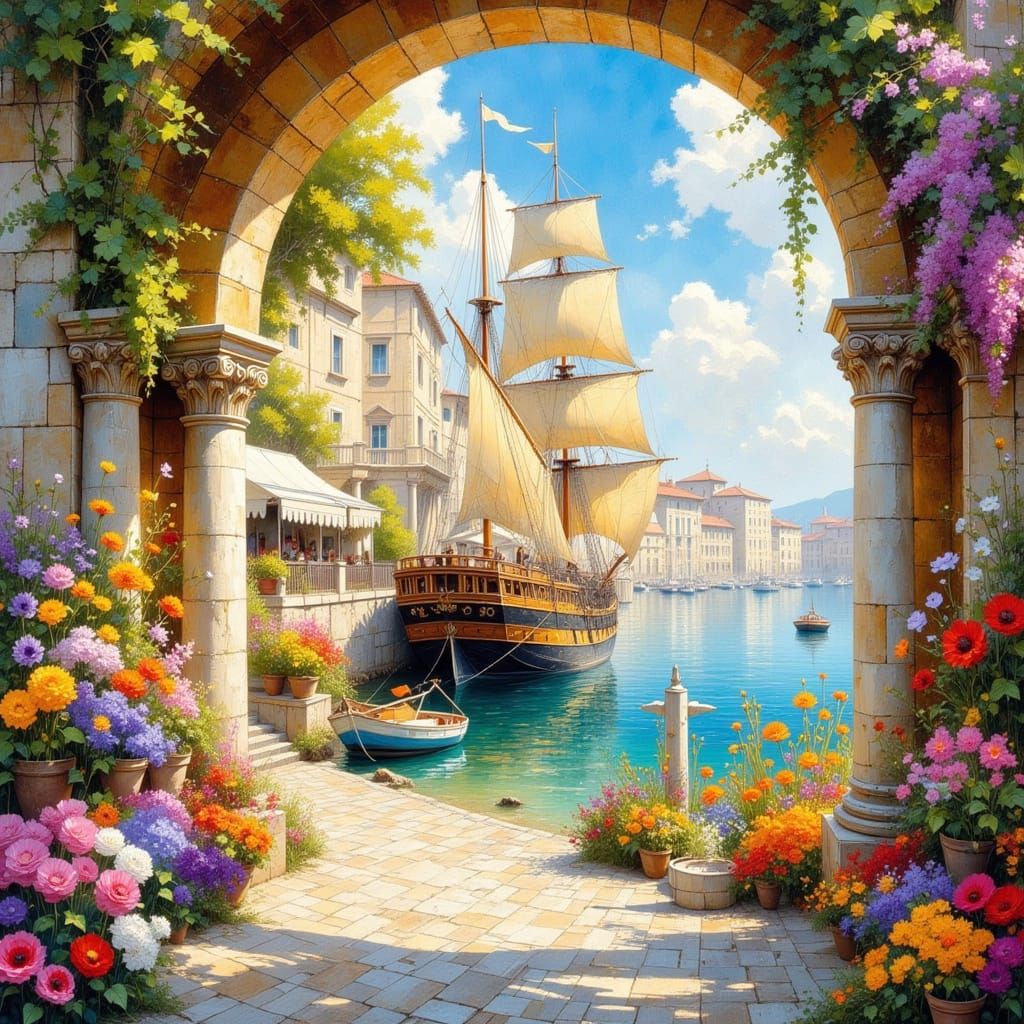 Majestic Ship at Roman Port in Impressionist Style