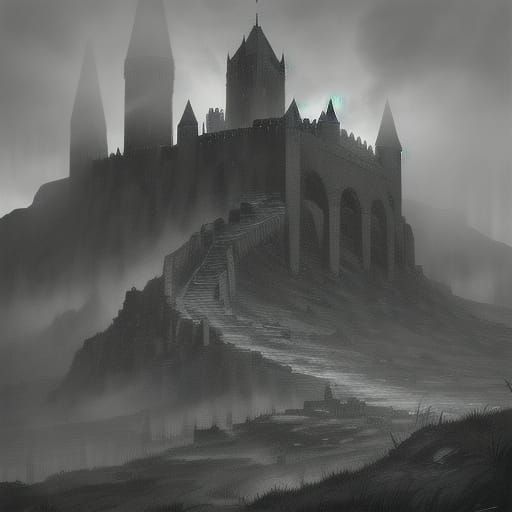 Stone Fortress Remains in Atmospheric Charcoal Drawing