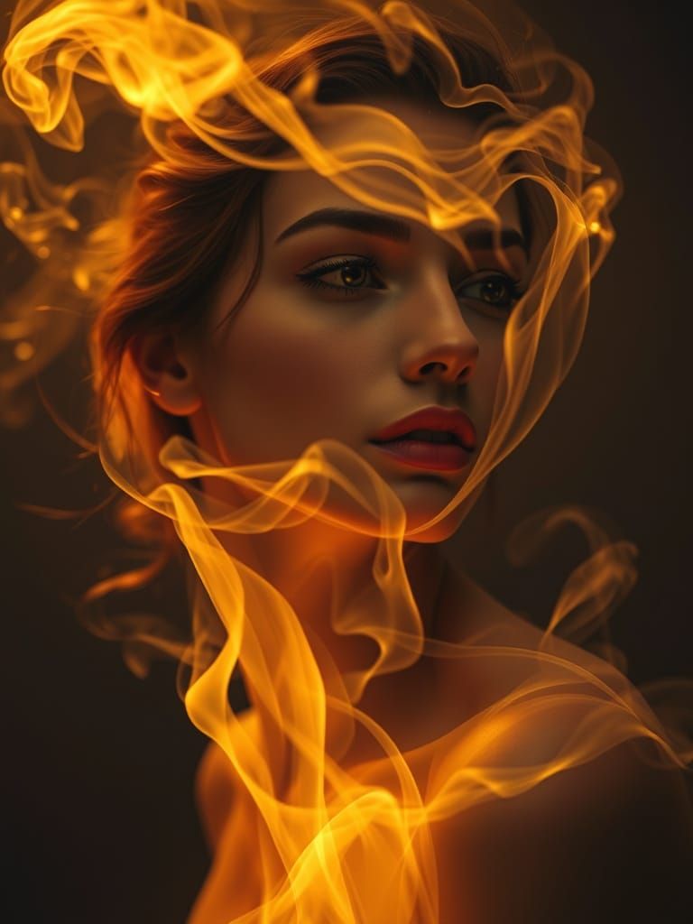 Ethereal Woman Formed by Swirling Smoke in Golden Light