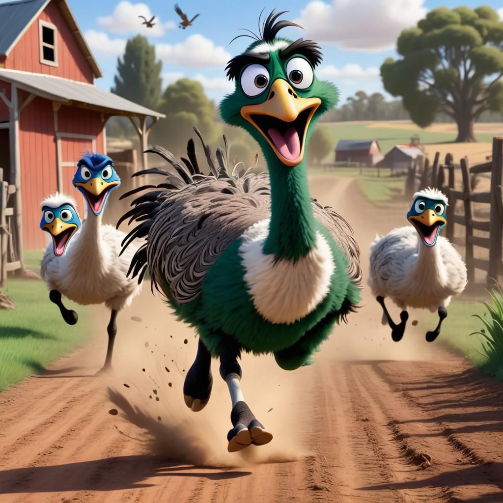 Cartoon Emu Mayhem on the Farm