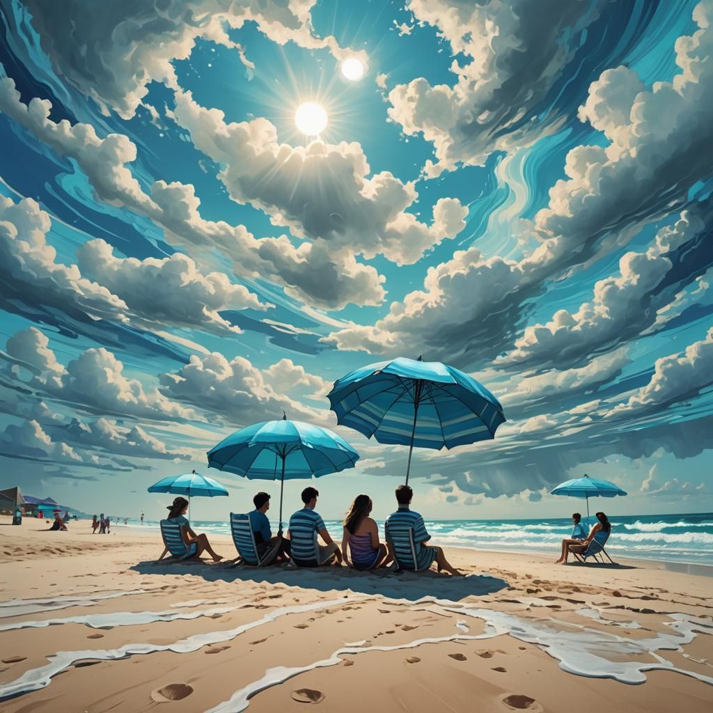 Surreal Beachscape with Blue Umbrella in Dreamlike Concept A...