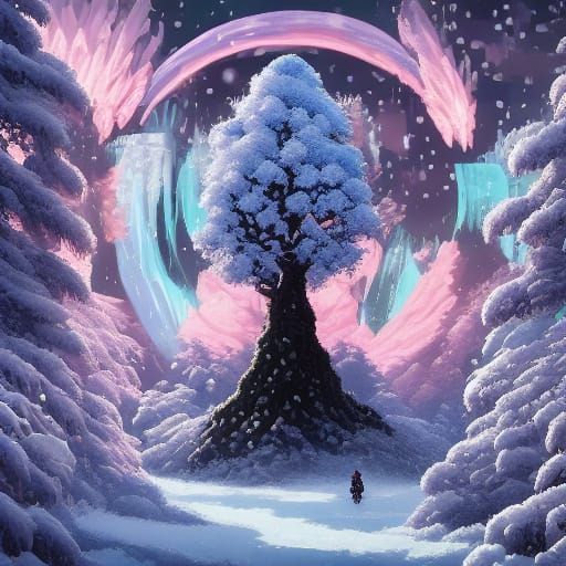 Enchanting Winter Glade with Colossal Frost Tree
