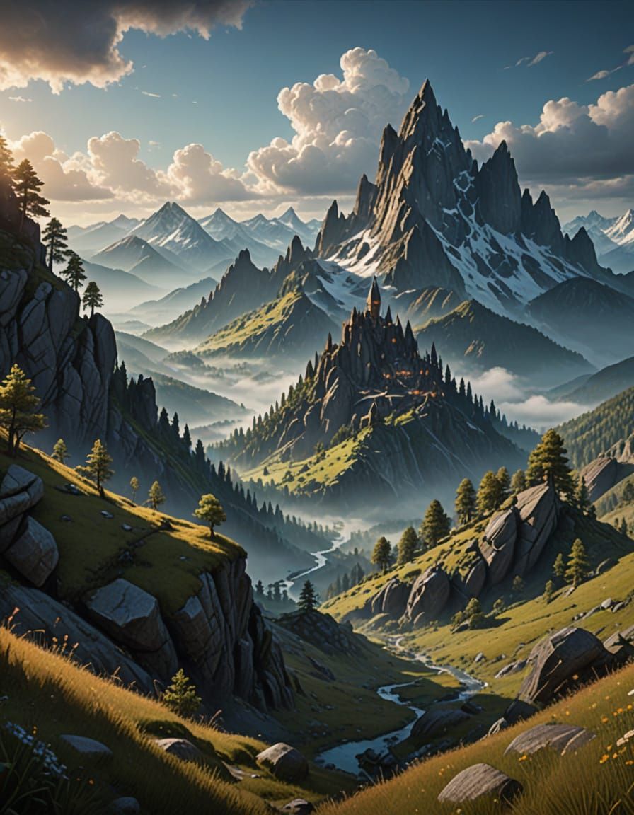 Majestic Mountain Range in Ethereal Dawn Light with Misty Pe...