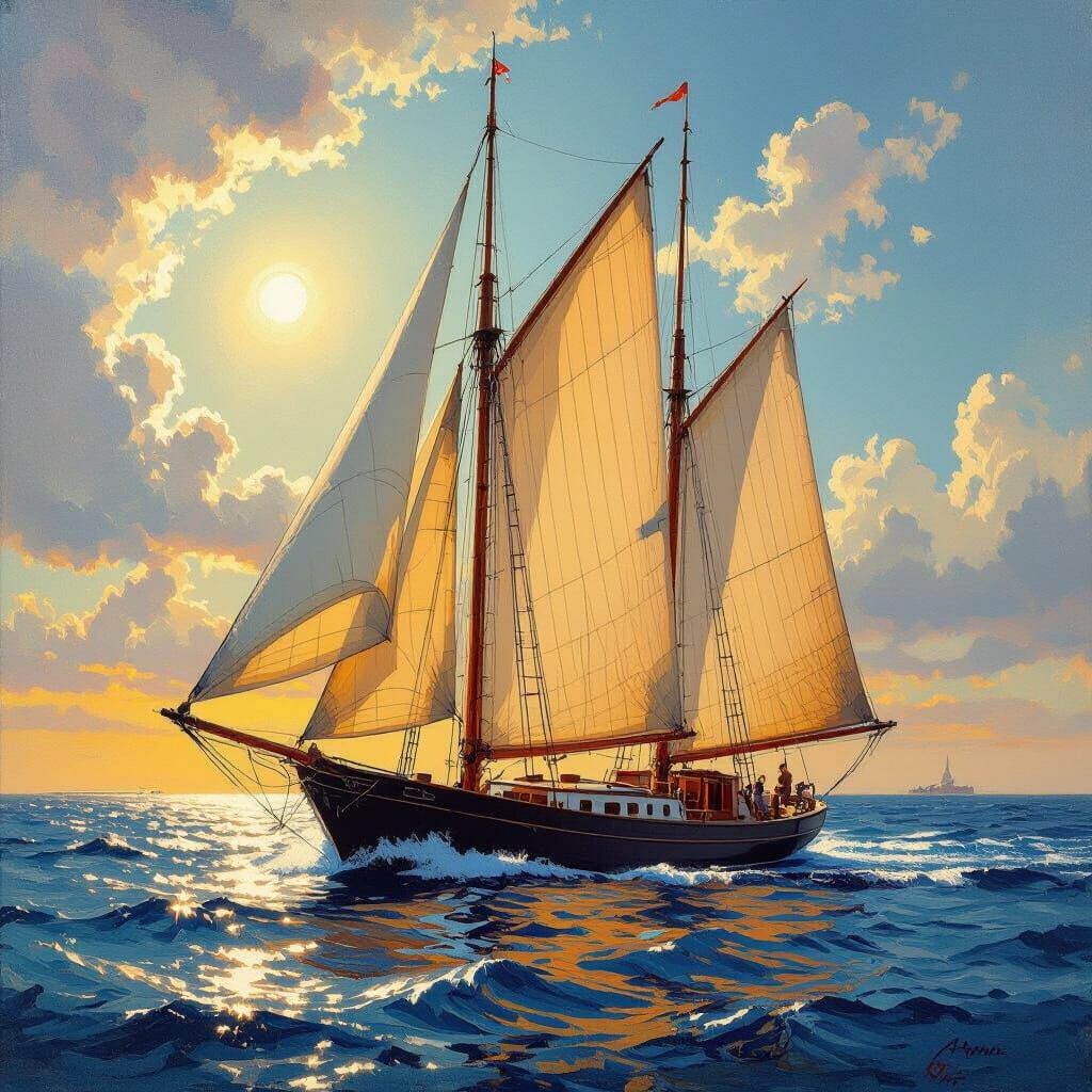 Majestic Sailboat on Vibrant Ocean in Realistic Oil Style