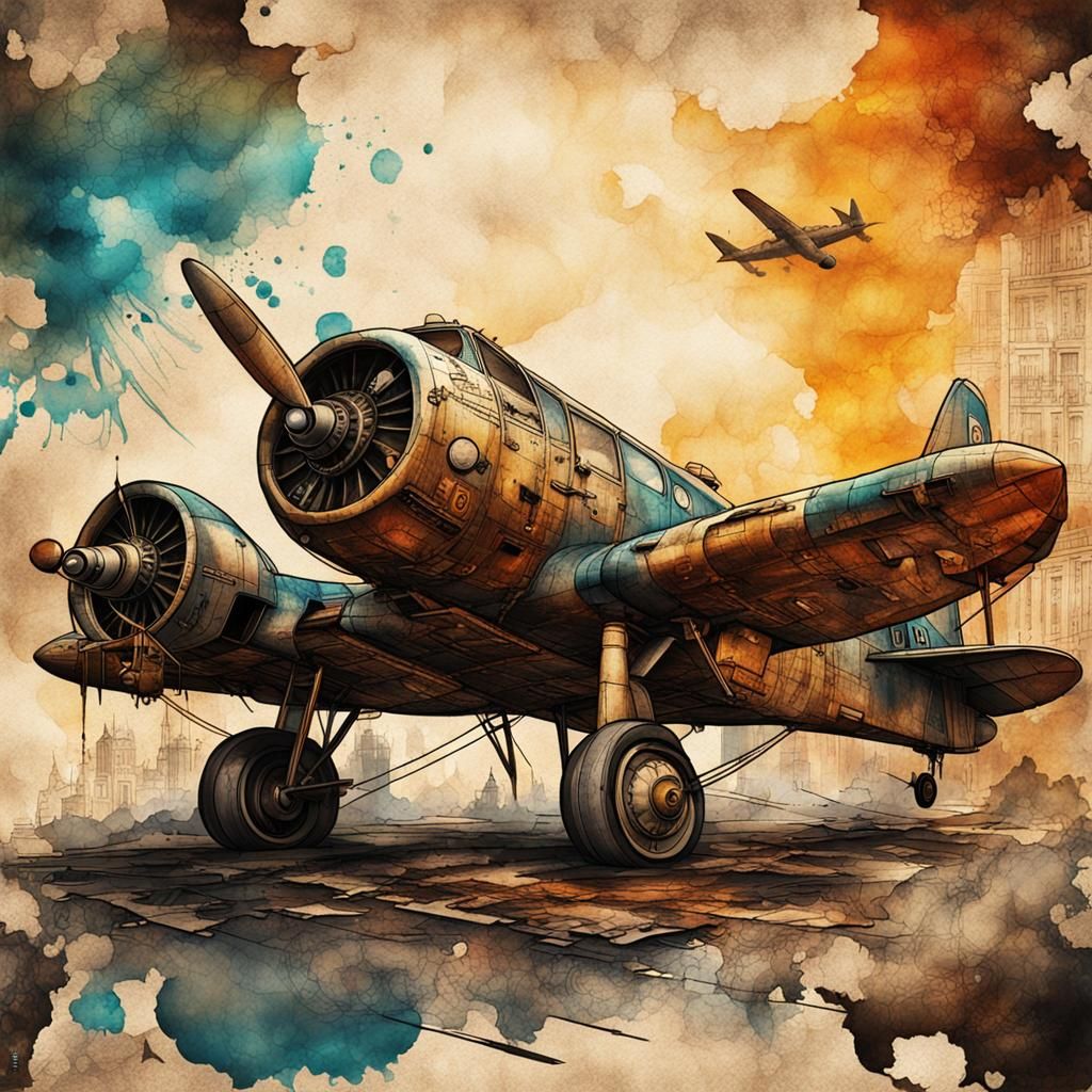 Steampunk Airplane in Modern Ink Painting Style