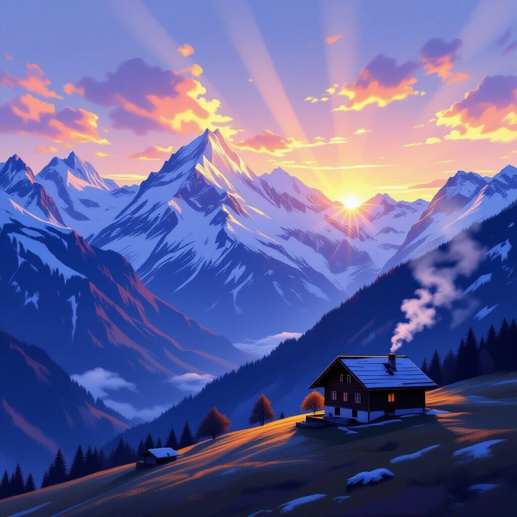 Swiss Alps Panorama at Dawn in Digital Oil Painting Style
