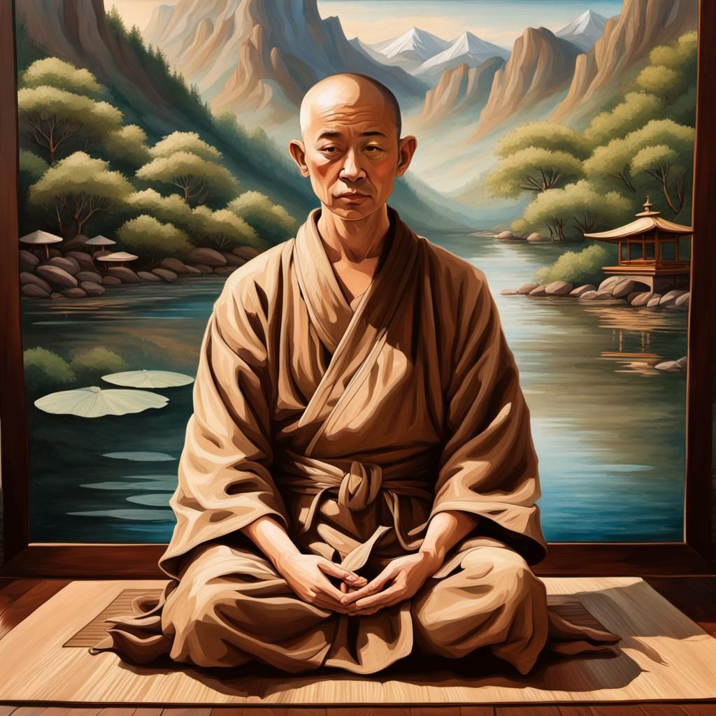 Serene Monk Meditating in Pyrography Style Landscape