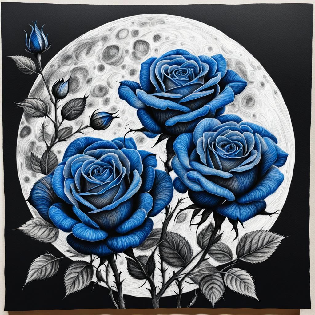 Blue Roses in Moon Shape: Hyperdetailed Charcoal Drawing