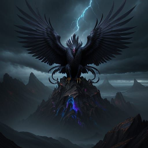 Majestic Storm Avian in Dark Fantasy Landscape