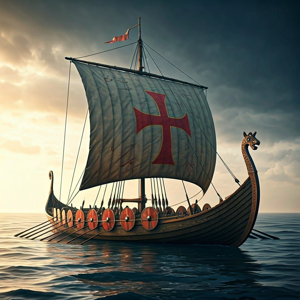 Viking Longboat with Crosby Red Shields in Golden Crosses
