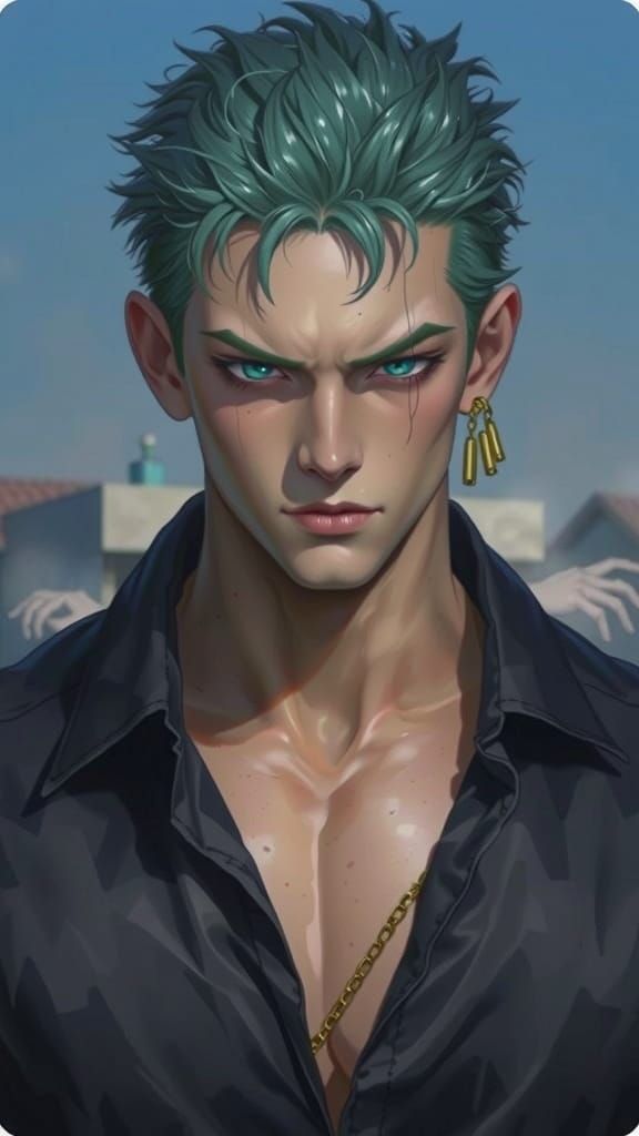 Captivating Man in Haunted House: Hyperrealistic Anime Style