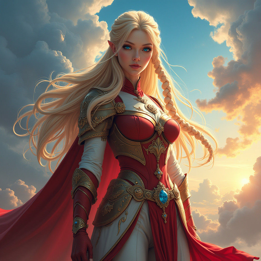 Blonde Warrior in Armor Against Celestial Sky