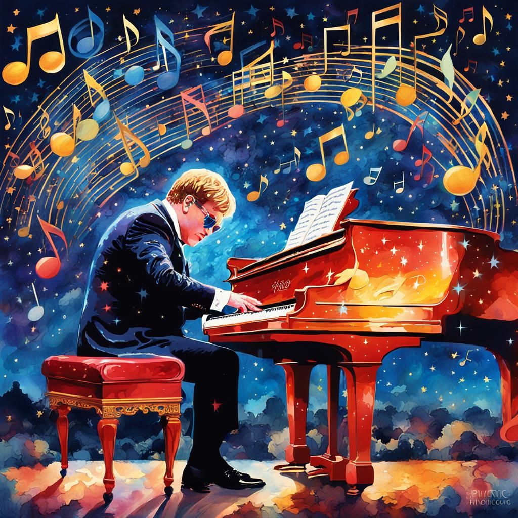 Pianist in Watercolor with Starry Night Sky
