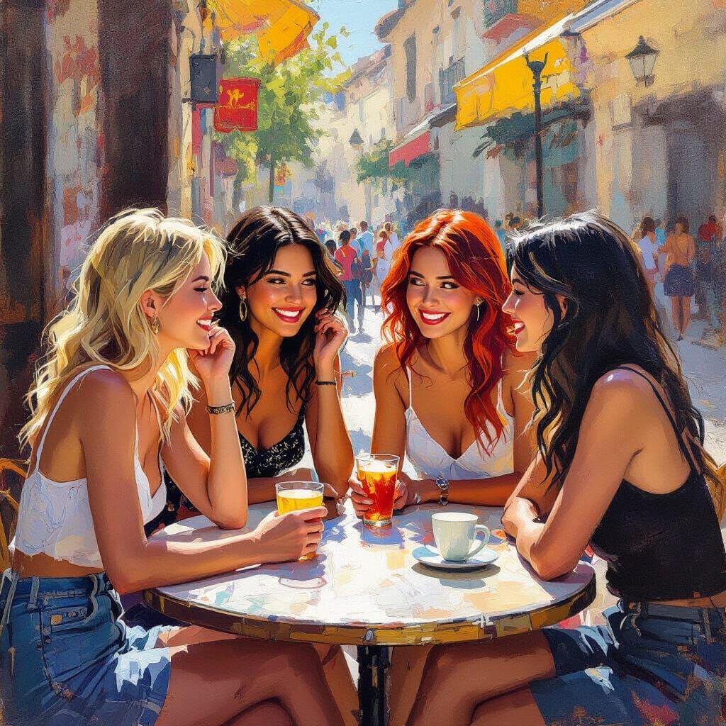 University Girls Chatting at Outdoor Cafe in Golden Hour