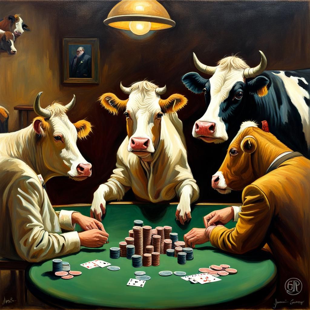 Cows Playing Poker in Oil Painting Style