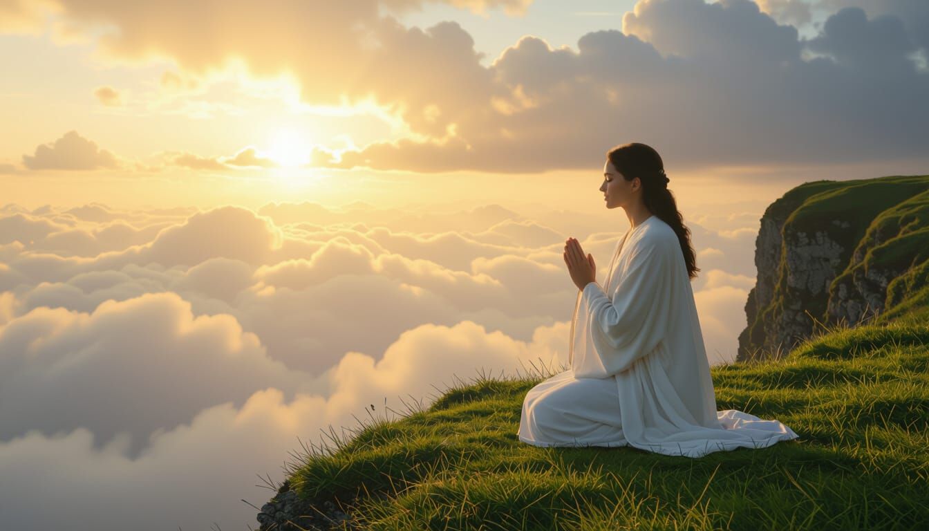 Woman Praying on Cliffside at Sunrise: Baroque Style