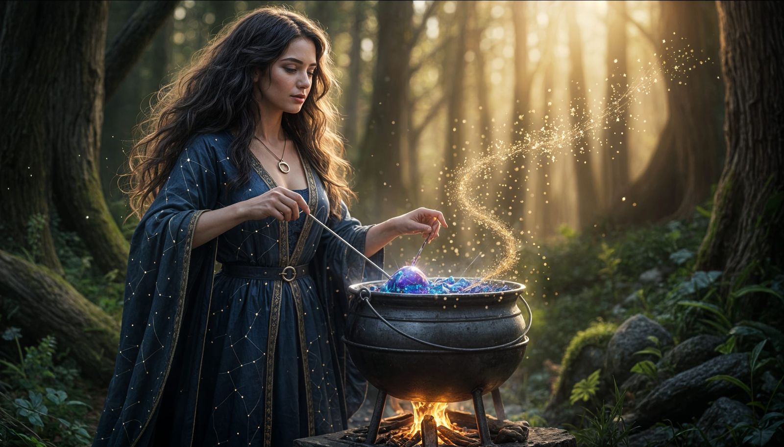 Witch Brews Glowing Blue Magic Potion Over Fire