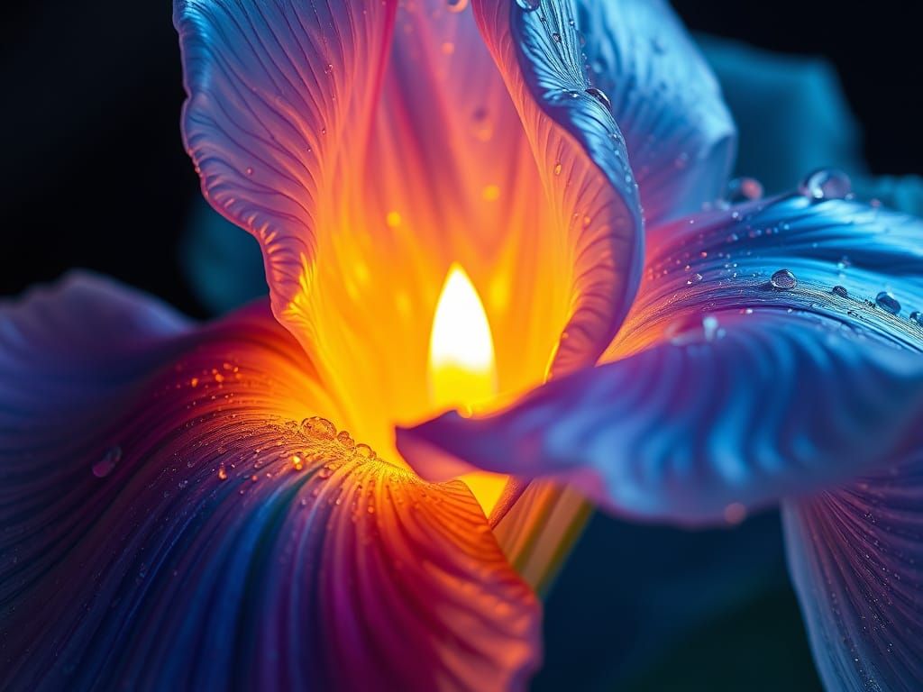 Surreal Iridescence: Molten Glass Iris in Goldenpunk Dreamsc...