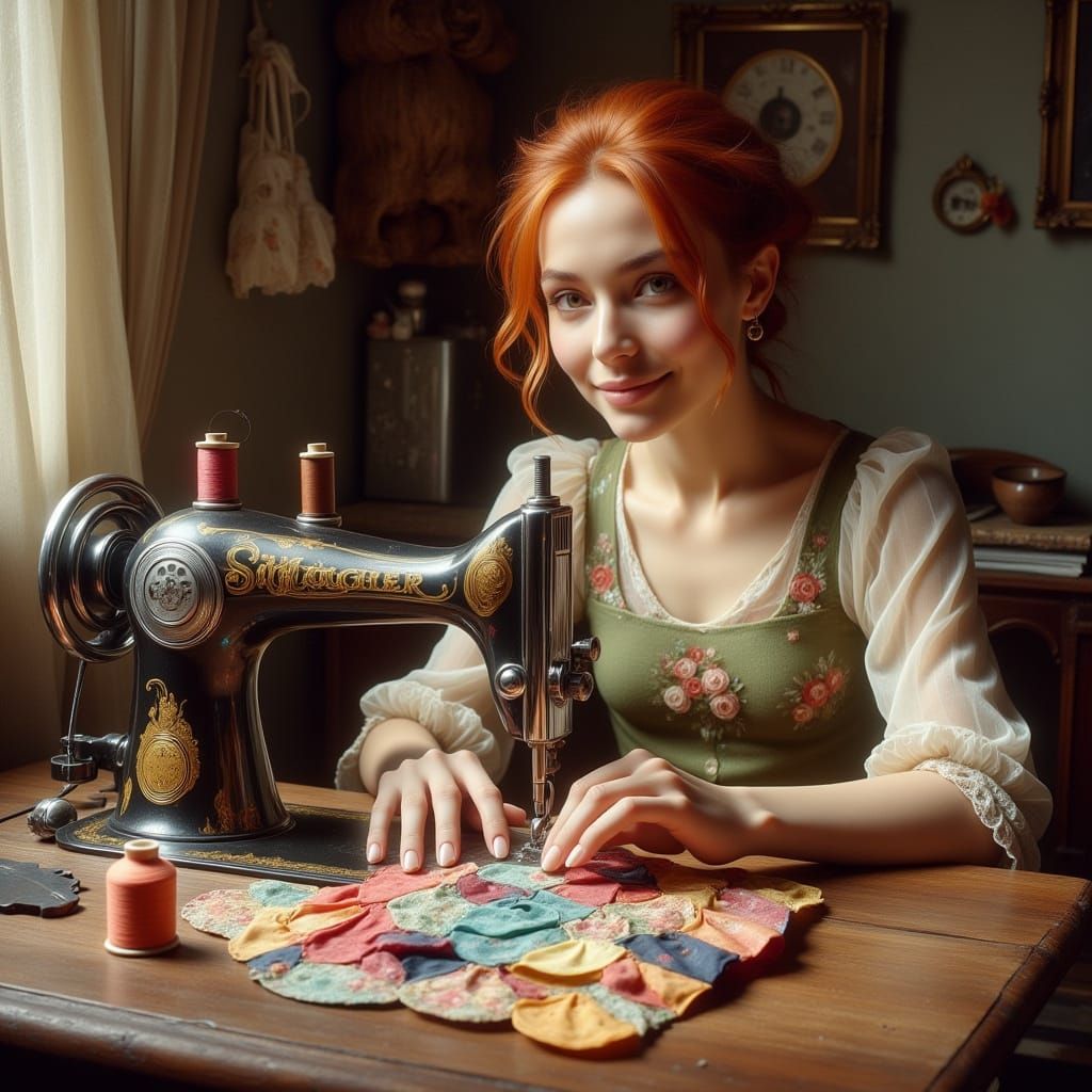Woman Sewing Quilt at Table in Warm Oil Texture Style