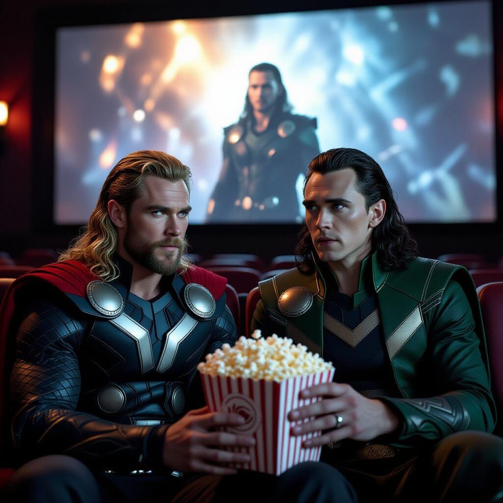 Thor and Loki Watch Movie in Theater with Popcorn
