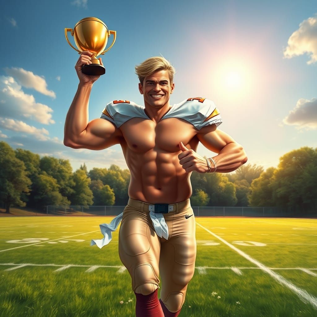 A handsome shirtless blonde male quarterback smiling and run...