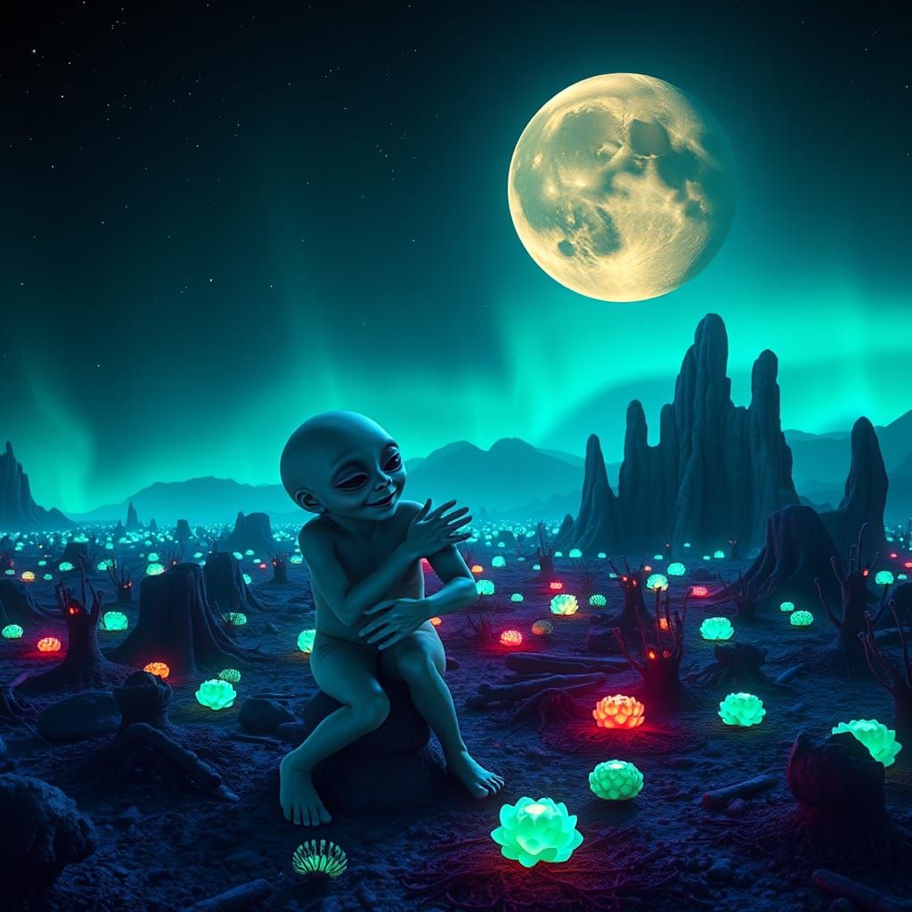 Twin Alien Brothers Embrace in Dreamlike World