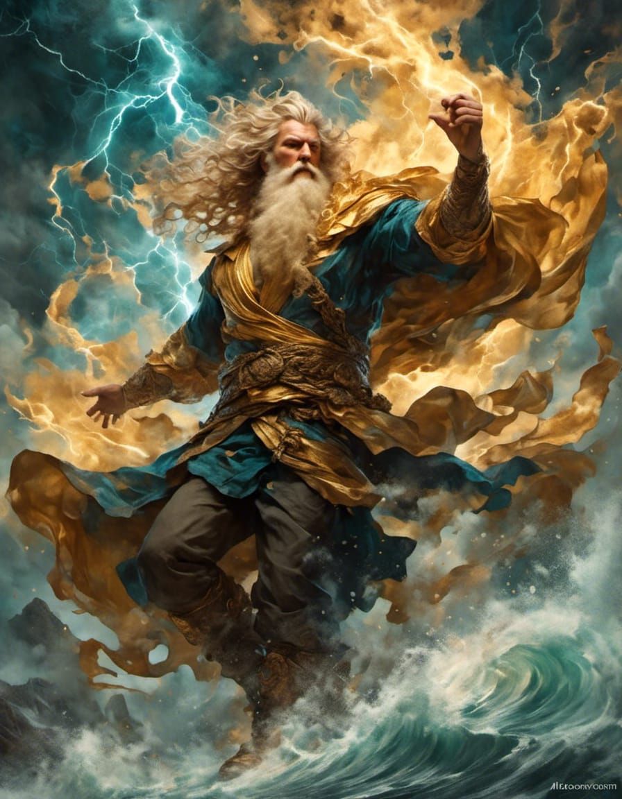 Zeus in Lightning Storm, Alphonse Mucha Style