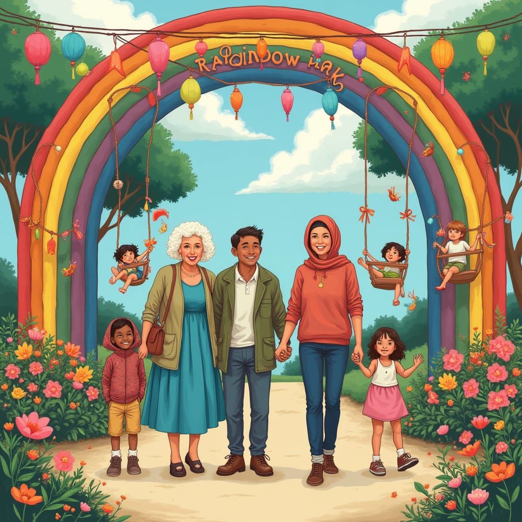 Rainbow Park Entrance: Folk Art Whimsical Illustration