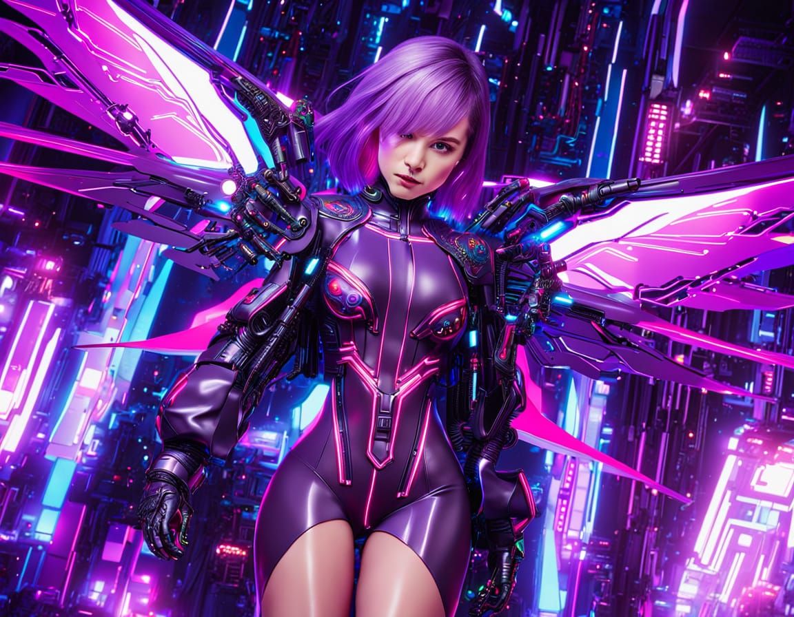 Cyberpunk Goddess with Techno-Organic Wings