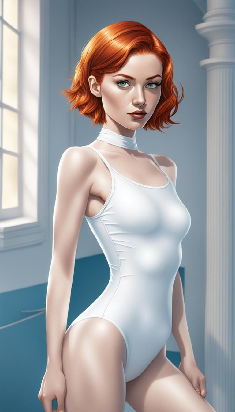 Redhead Woman in Swimsuit: Cartoon Comic Art