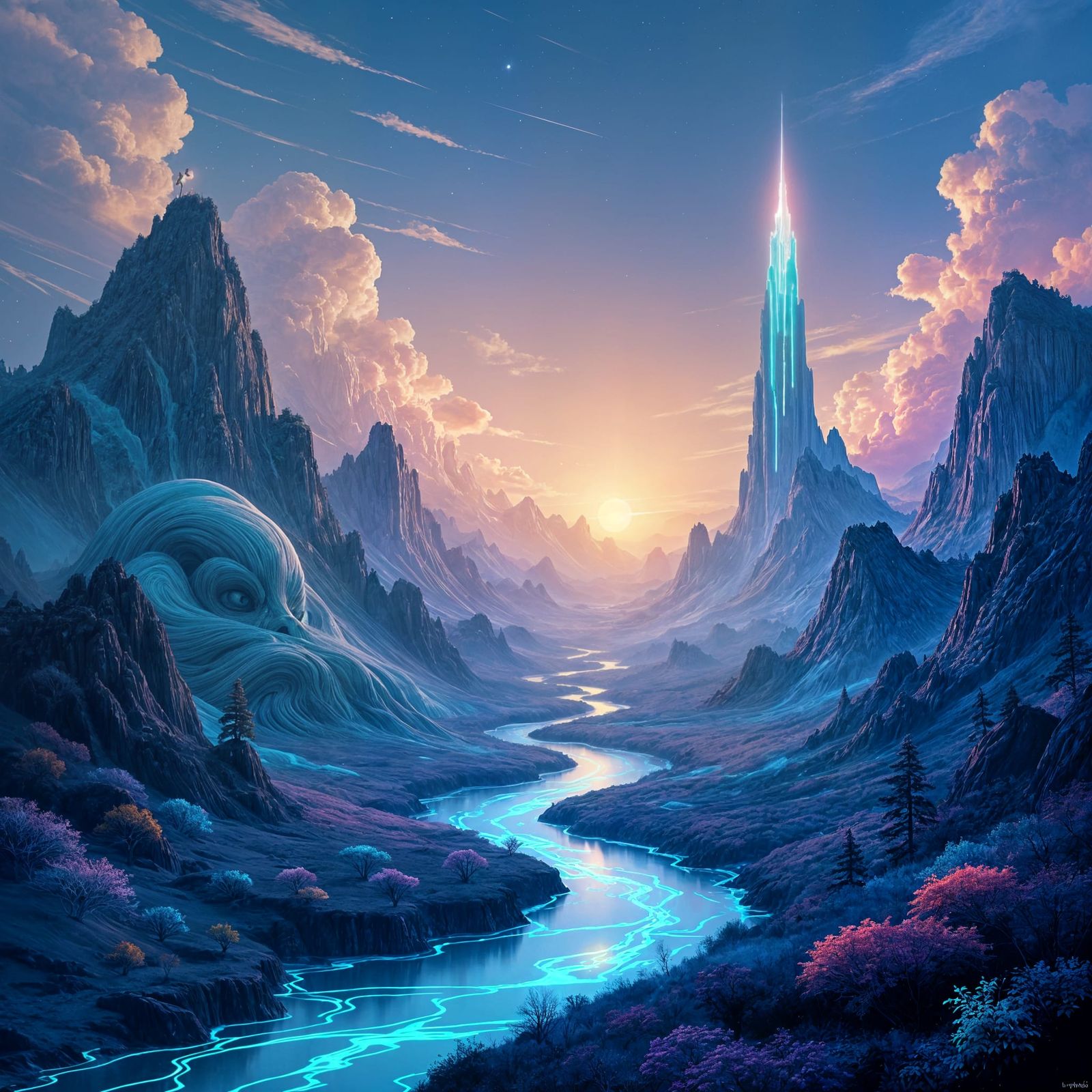 Otherworldly Landscape with Giant Mountains & Light Rivers
